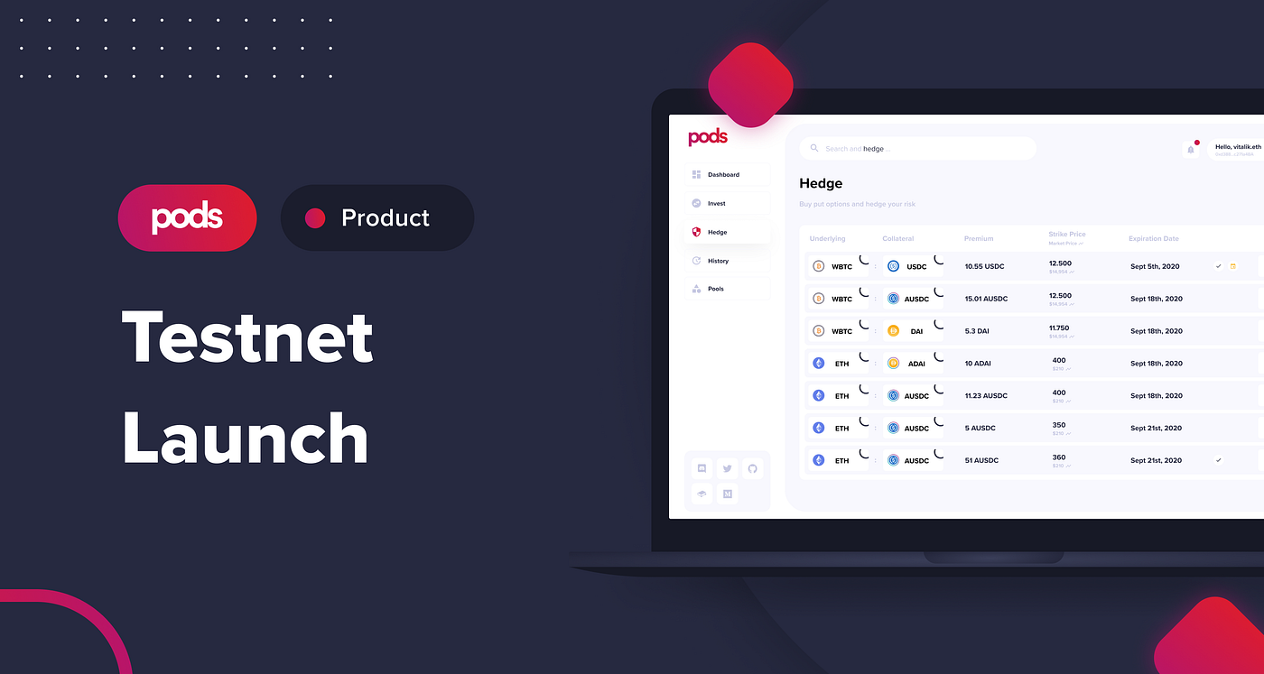 Pods v1 Testnet Launch. New protocol and app live on Kovan. | by Rafaella  Baraldo | Pods | Medium