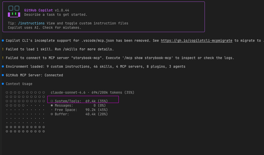 /context dans Copilot CLI sur une nouvelle session