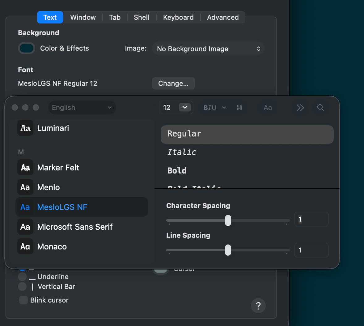 MacOS Tahoe Terminal font selector