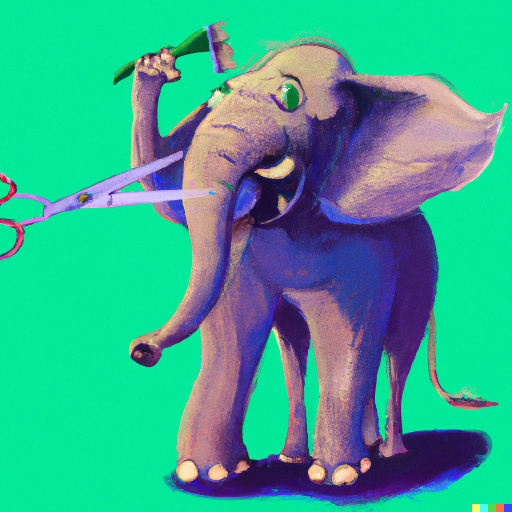 A cartoon elephant with hair cutting tools