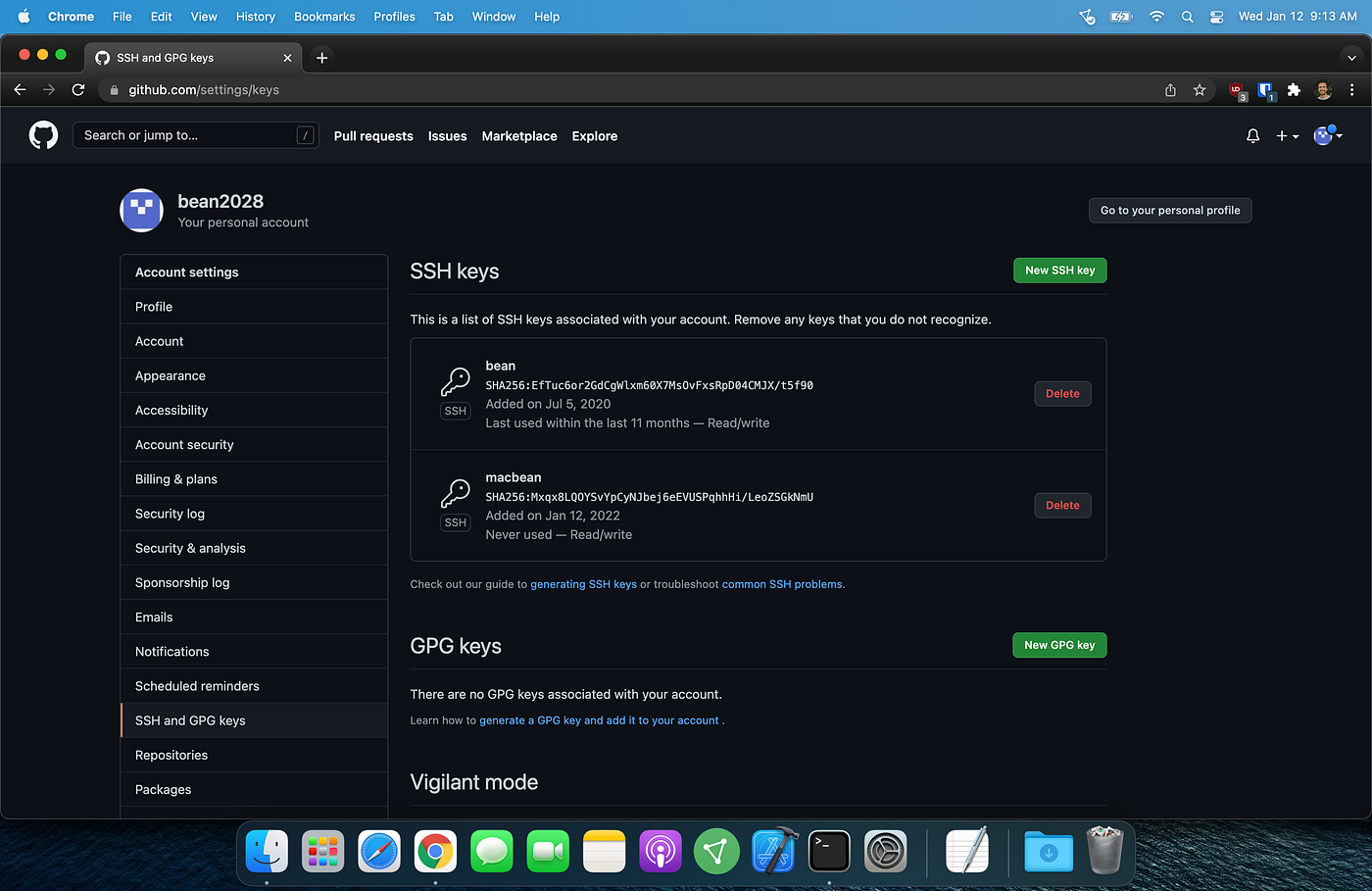 SSH and GPG keys page with new ssh key