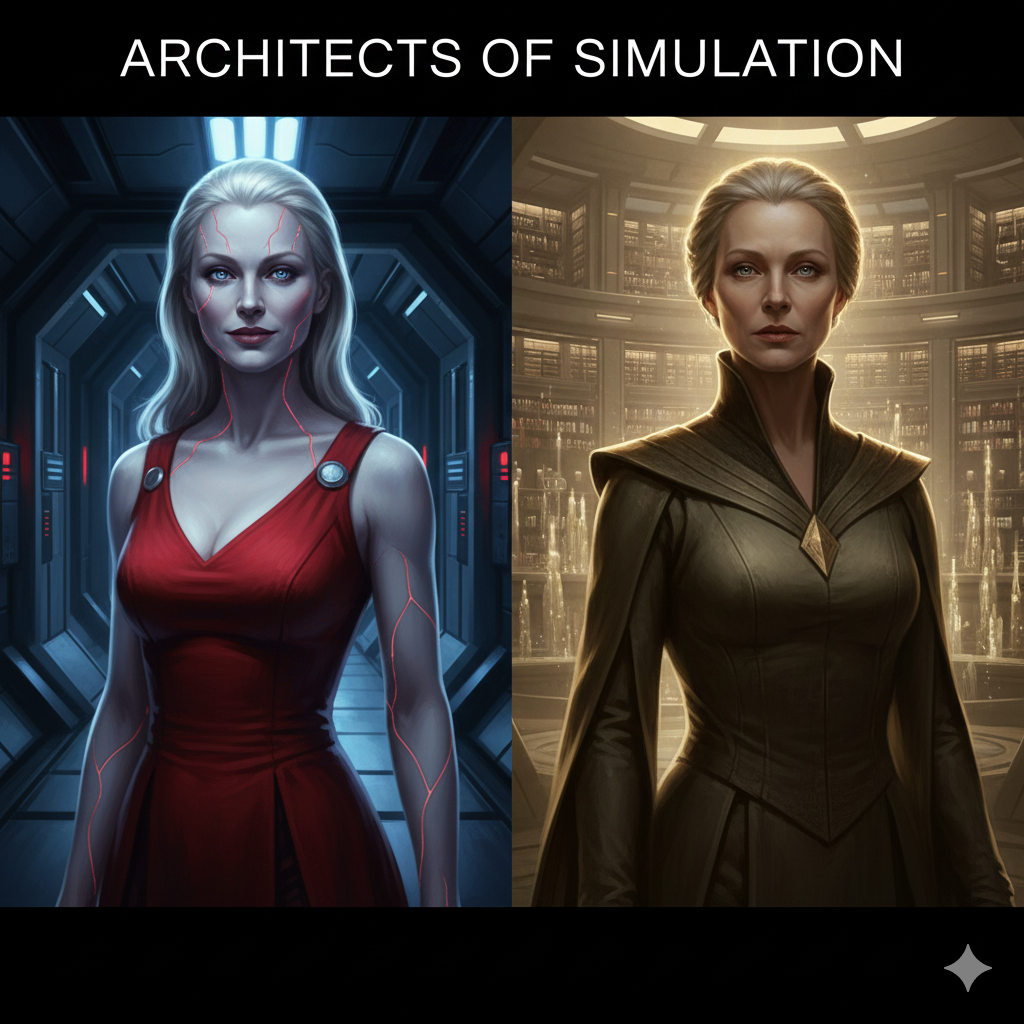 Left: Number 6 Battlestar Galactica. Right: Demerzel Foundation