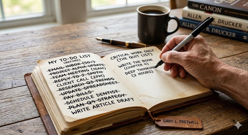 나이 든 손이 검은색 마커로 가죽 다이어리 왼쪽 페이지에 길고 어수선하게 적힌 "할 일 목록"을 지우고 있다.<BR> "그만두는 목록"이라는 제목이 붙은 오른쪽 페이지에는 "책 쓰기"와
"깊은 생각하기", 단 두 가지 항목만 남아 있다.<BR> 배경에는 투박한 나무 책상 위에 커피잔과 피터 드러커, 데이비드 앨런의 책들이 놓여 있다.<BR> 가죽 태그에는 "게리 L. 프렛웰"이라고 적혀 있다.<BR>