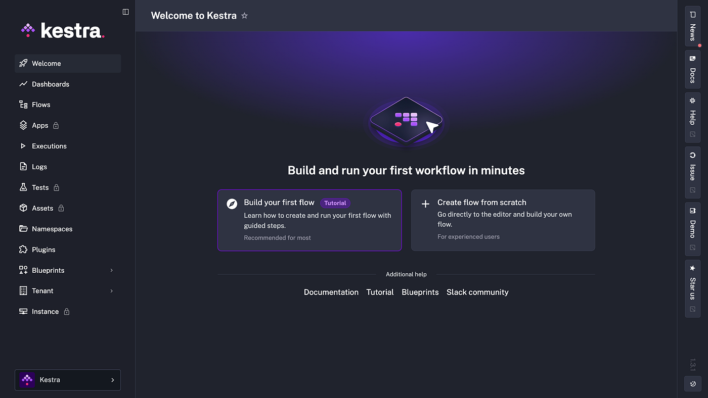 Kestra dashboard running locally — first flow tutorial