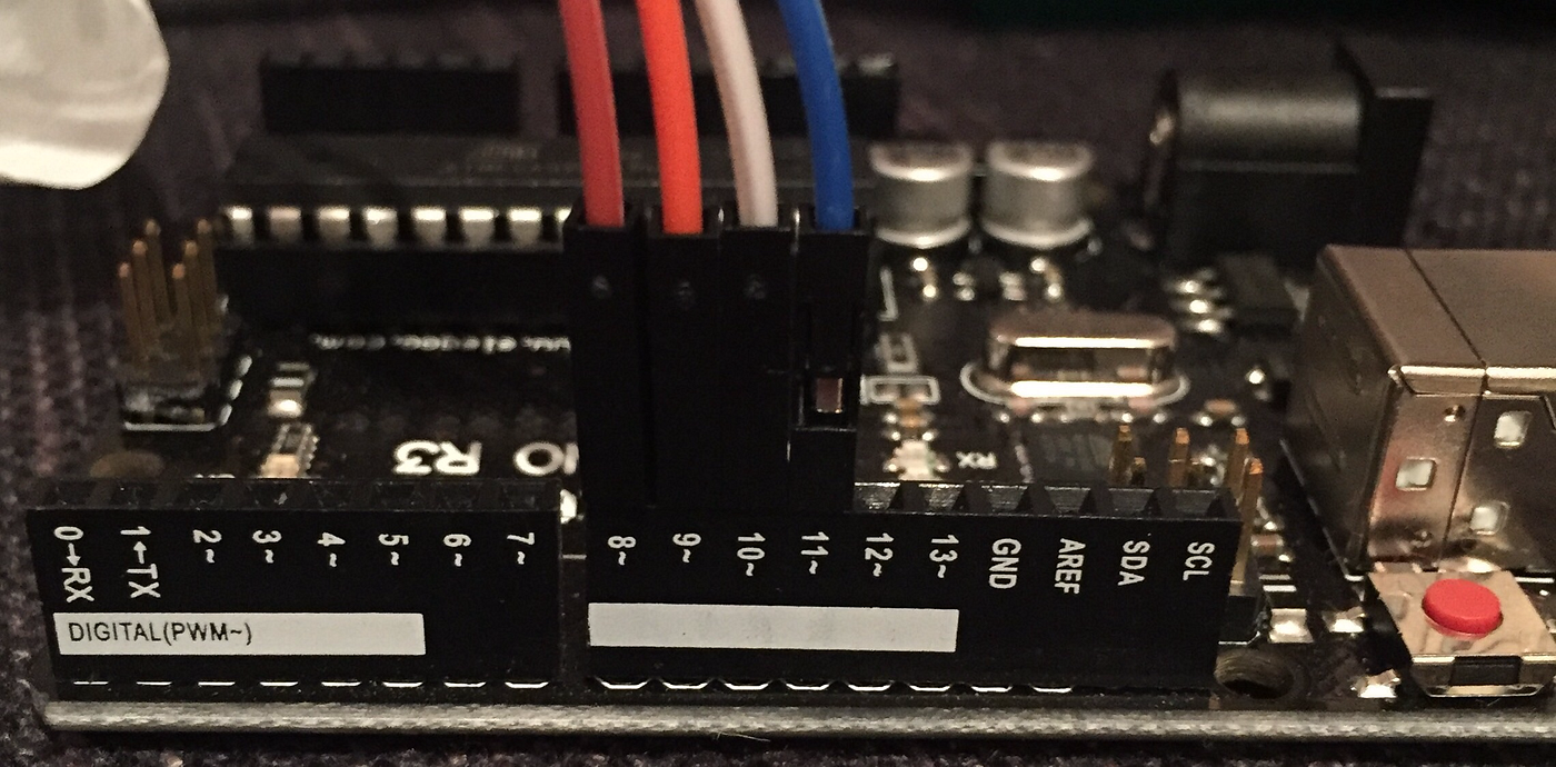 Arduino breadboard wiring showing each optocoupler connection