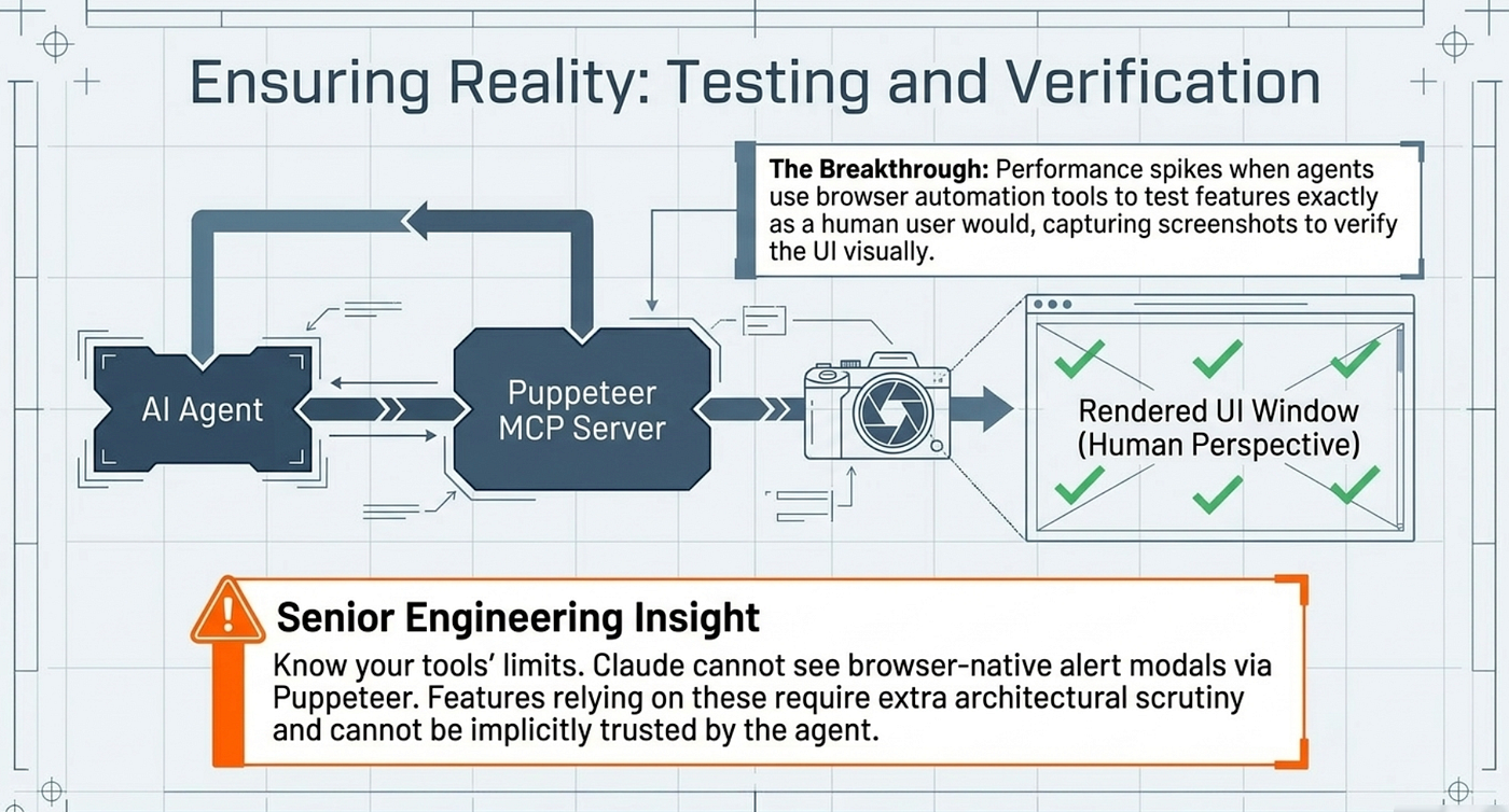 Anthropic Harness Engineering: Browser automation testing with Puppeteer MCP for human-perspective feature verification