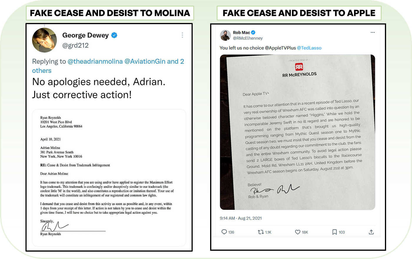 Dewey sends Reynolds’ fake cease and desist letter for trademark infringement against Molina, and McElhenney sends Reynolds’ fake cease and desist letter to Apple against Ted Lasso