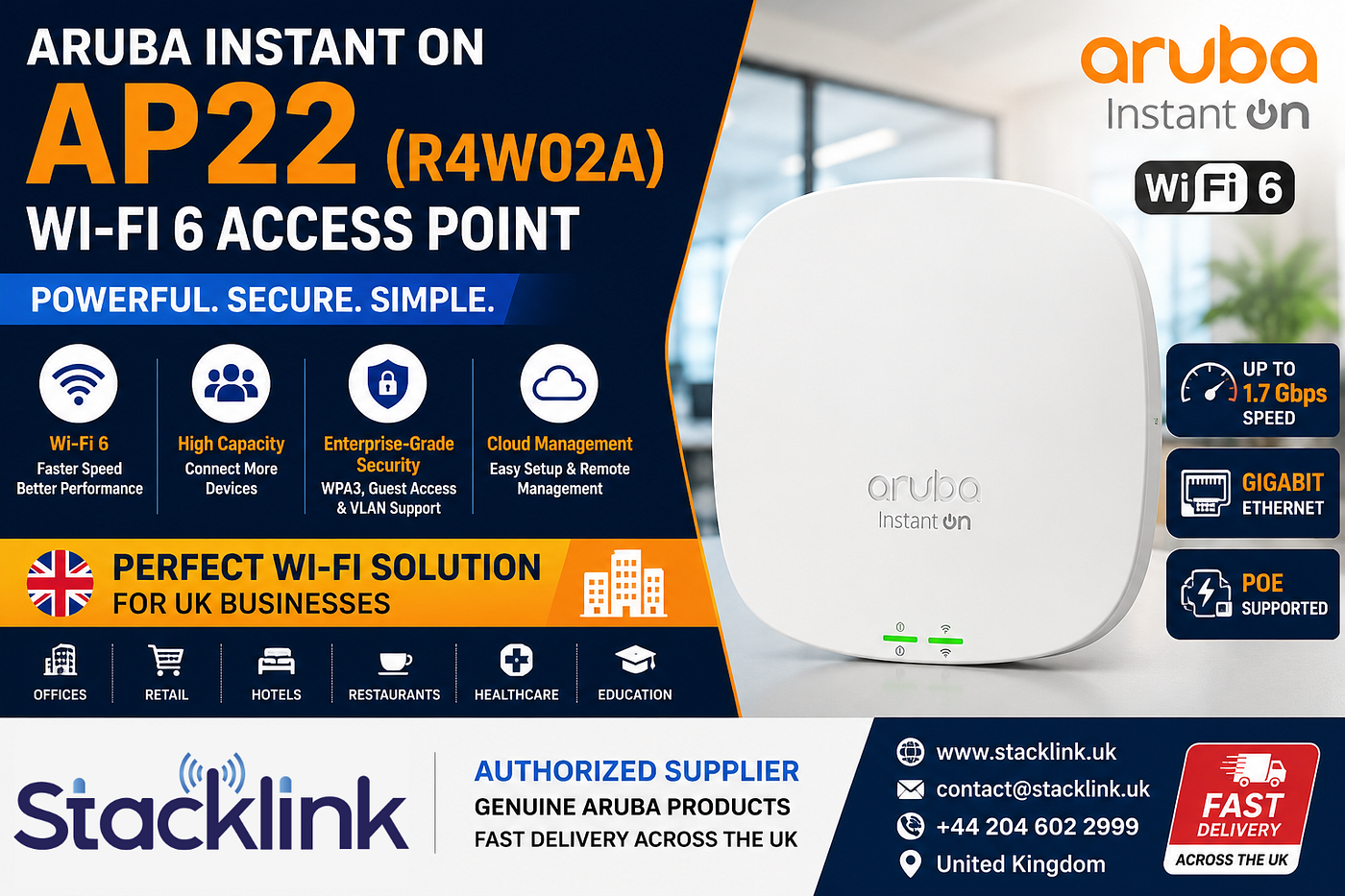 Aruba Instant On AP22 (R4W02A) Wi-Fi 6 Access Point for UK Businesses