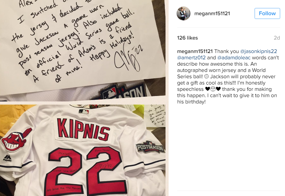 Cleveland Indians second baseman Jason Kipnis surprises young boy with  autographed World Series jersey, by Cleveland Guardians