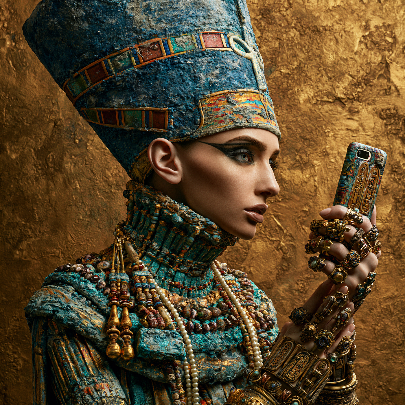 an image of a model dressed as Nefertiti taking a selfie — created by the author in Midjourney v8.1