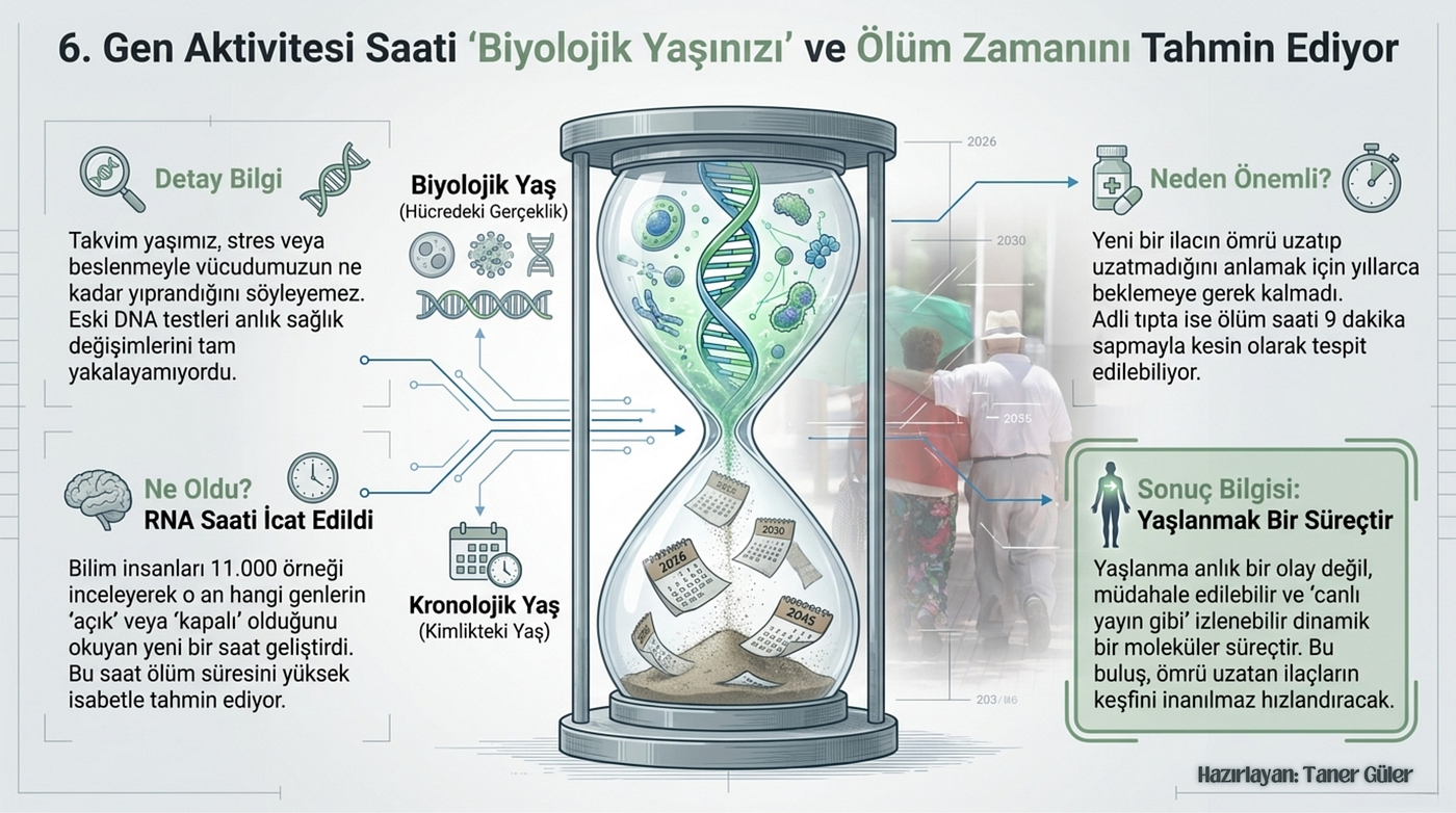 Gen ekspresyonu verileri kullanılarak kalibre edilen ileri düzey bir moleküler saat, kemirgenler, primatlar ve insanlar dahil olmak üzere çeşitli türlerde biyolojik yaşlanmayı ve insanlarda ölüm zamanını tahmin etme potansiyeline sahiptir. Bu araç, henüz klinik uygulamalar için uygun olmasa da yaşlanmanın organizma üzerindeki çok yönlü etkilerini hafifletebilecek farmakolojik müdahaleleri veya yaşam tarzı değişikliklerini belirlemeye çalışan biyologlar için önemli bir avantaj sunmaktadır. Hesaplamalı biyolog ve çalışmanın ortak yazarı Alexander Tyshkovskiy, gen ekspresyonuna dayalı bir saatin, DNA’daki moleküler değişikliklere dayalı saatlerden daha yüksek hassasiyet gösterebileceğini, zira bu saatlerin daha yavaş tepki verdiğini ve çevresel faktörlerin etkilerini yeterince yansıtamayabileceğini belirtmektedir. KAYNAK
