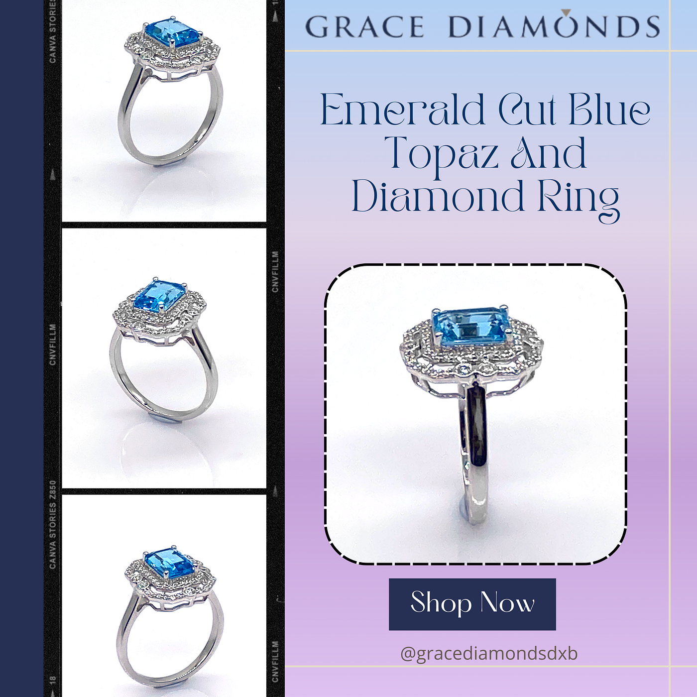 Elegant Emerald Cut Blue Topaz & Diamond Ring in Dubai — Grace Diamonds
