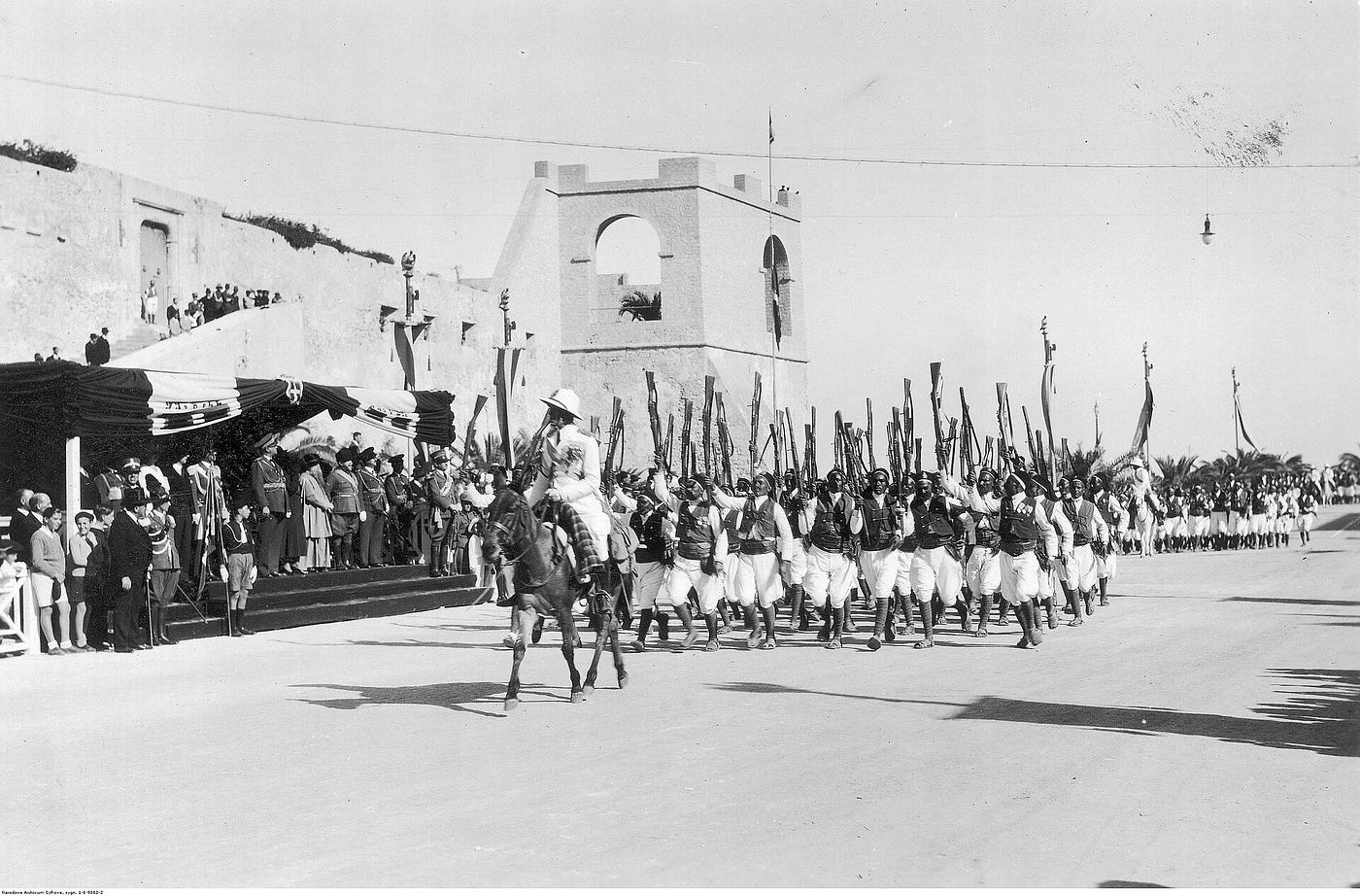 Parade of Libyan colonial troops in 1932 (public domain image from Wiki Commons)