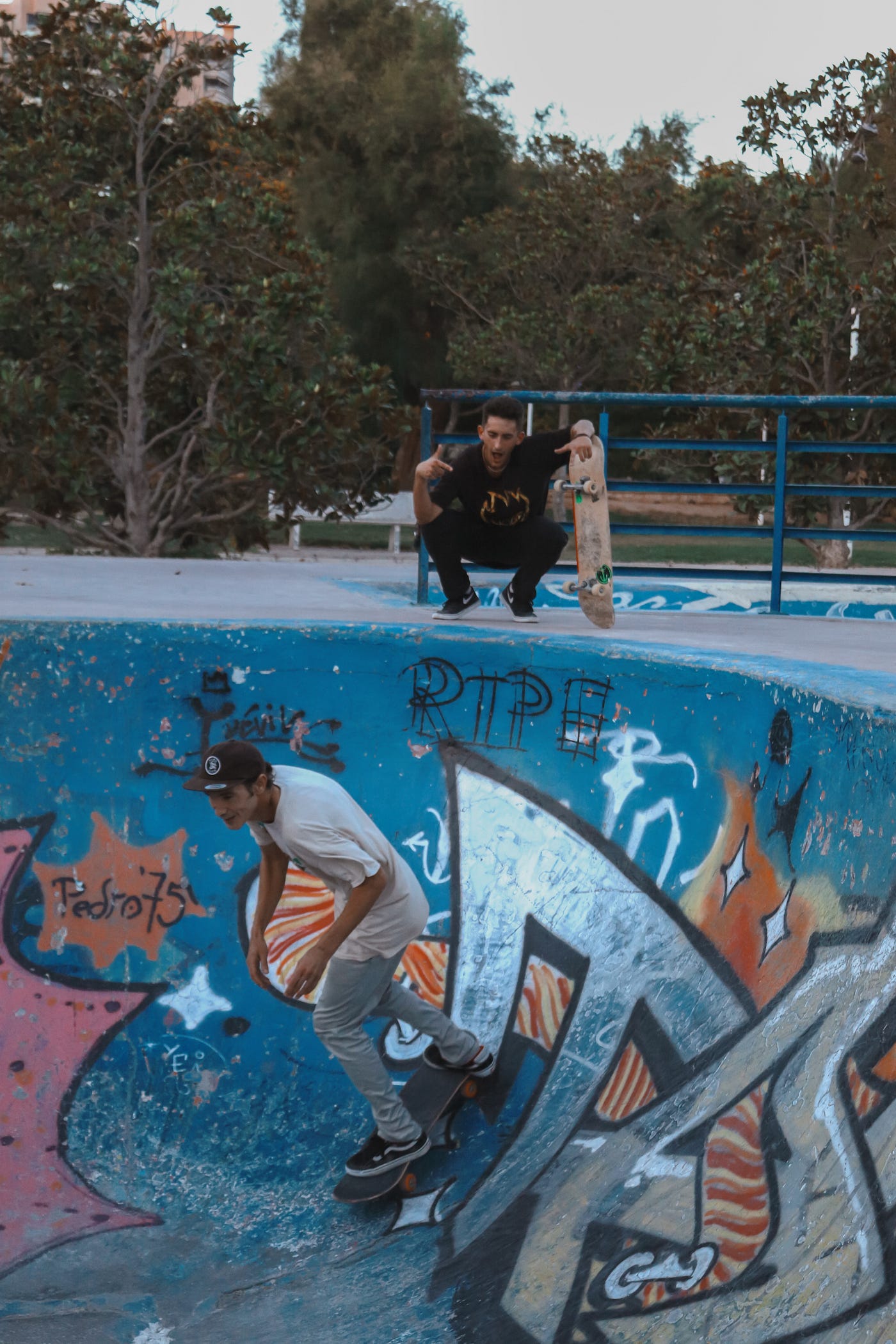 Adrian Puchades cheers for Philippe Foucart at Skatepark Gulliver in Valencia, Spain in June.