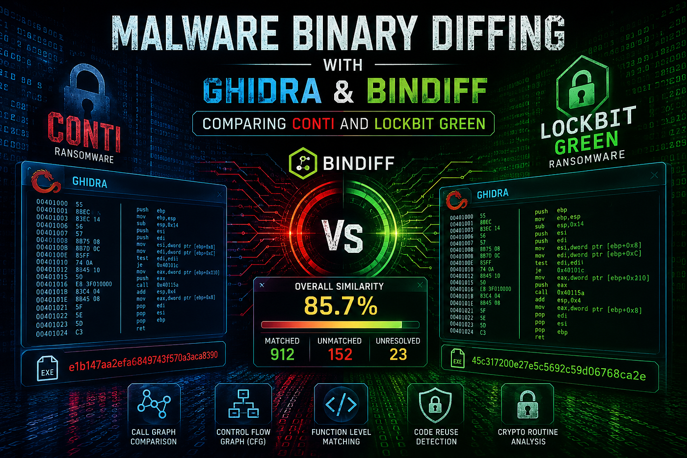 Malware Binary Diffing with Ghidra & BinDiff: Comparing Conti and LockBit Green