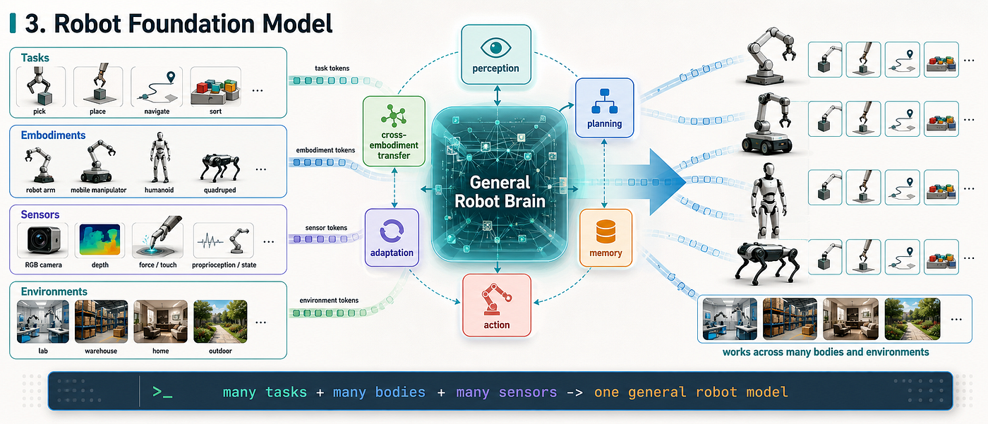 Robot Foundation Model: train a general robot brain across tasks, embodiments, sensors, and environments.