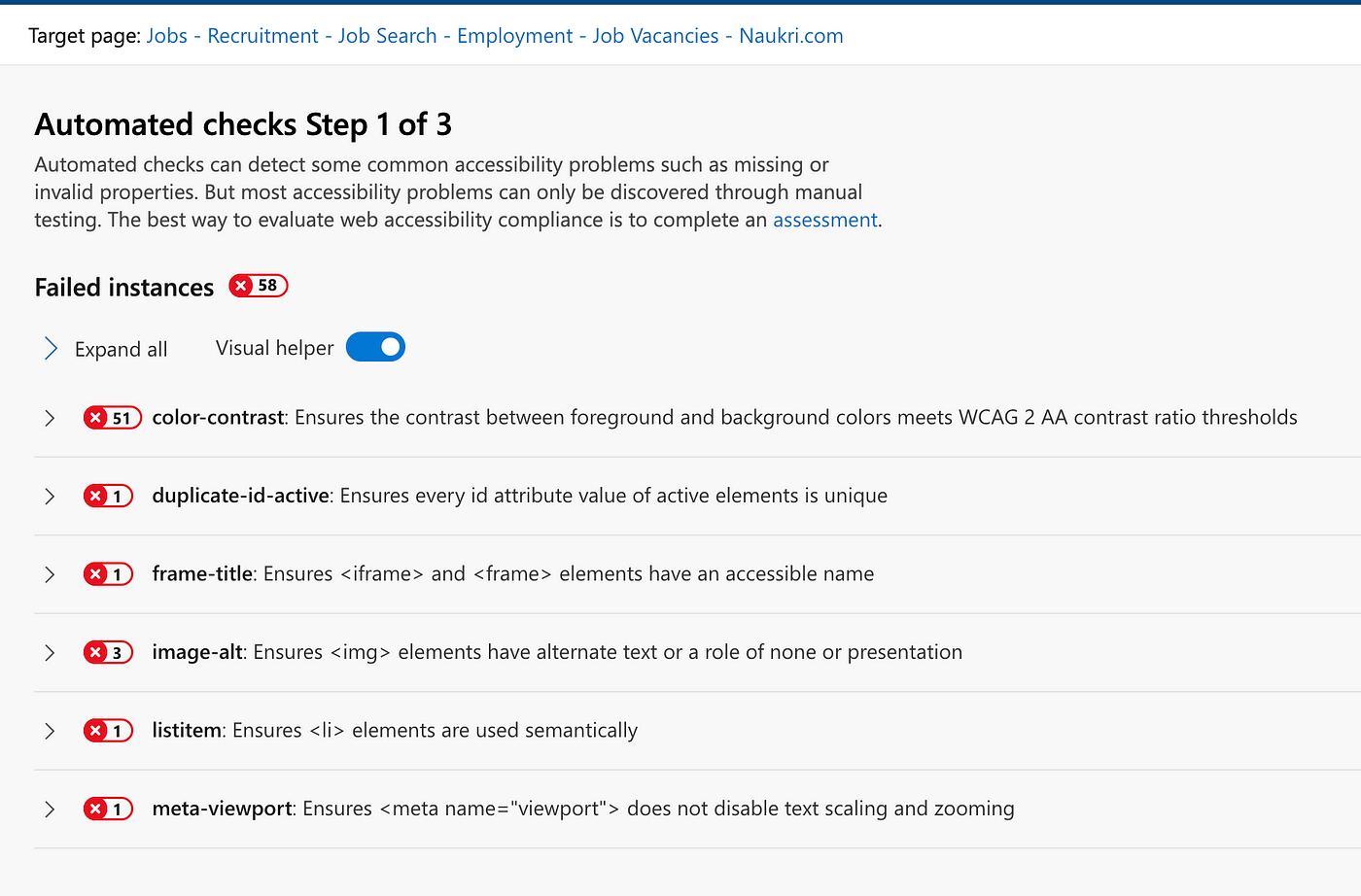 Accessibility Report of Naukri.com from Accessibility Insights Chrome Extention