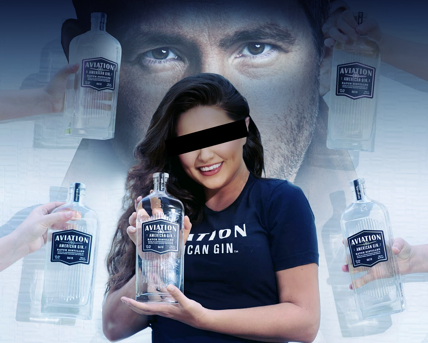 Ryan Reynolds, celebrity co-owner of Aviation Gin, and photographer Marilyn Starkloff (self-portrait of Starkloff with bottles of Aviation Gin by Marilyn Starkloff, October 10, 2020)