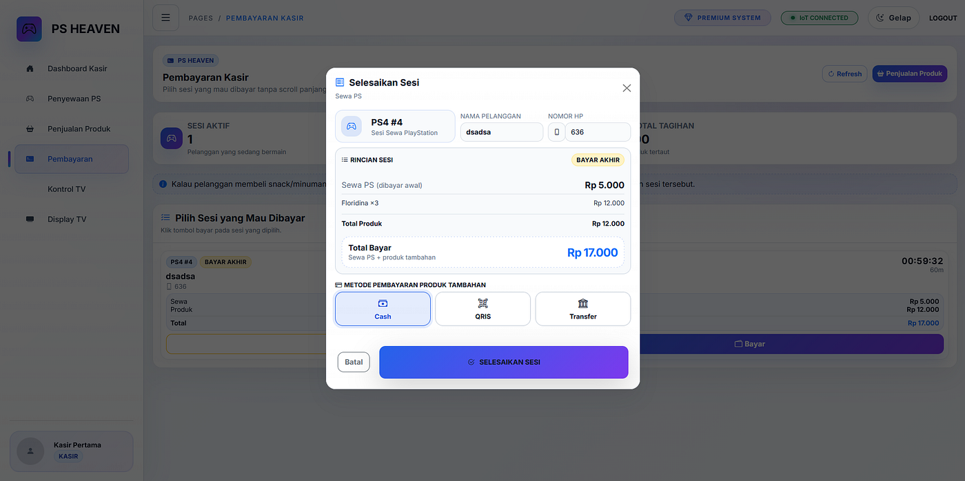 Cashier payment page for managing rental and product transactions.