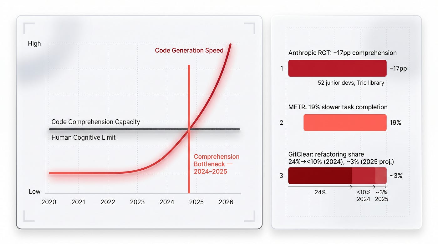 Code generation speed outpaced human comprehension capacity around 2024–2025. The Anthropic RCT, METR, and GitClear provide three independent measurable signals of this gap.