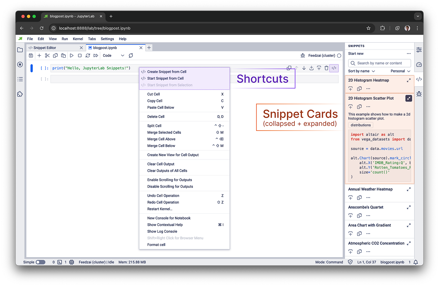 Snippet Cards and Shortcuts. Shortcuts consist of new cell context menu options and a new option in the cell toolbar.