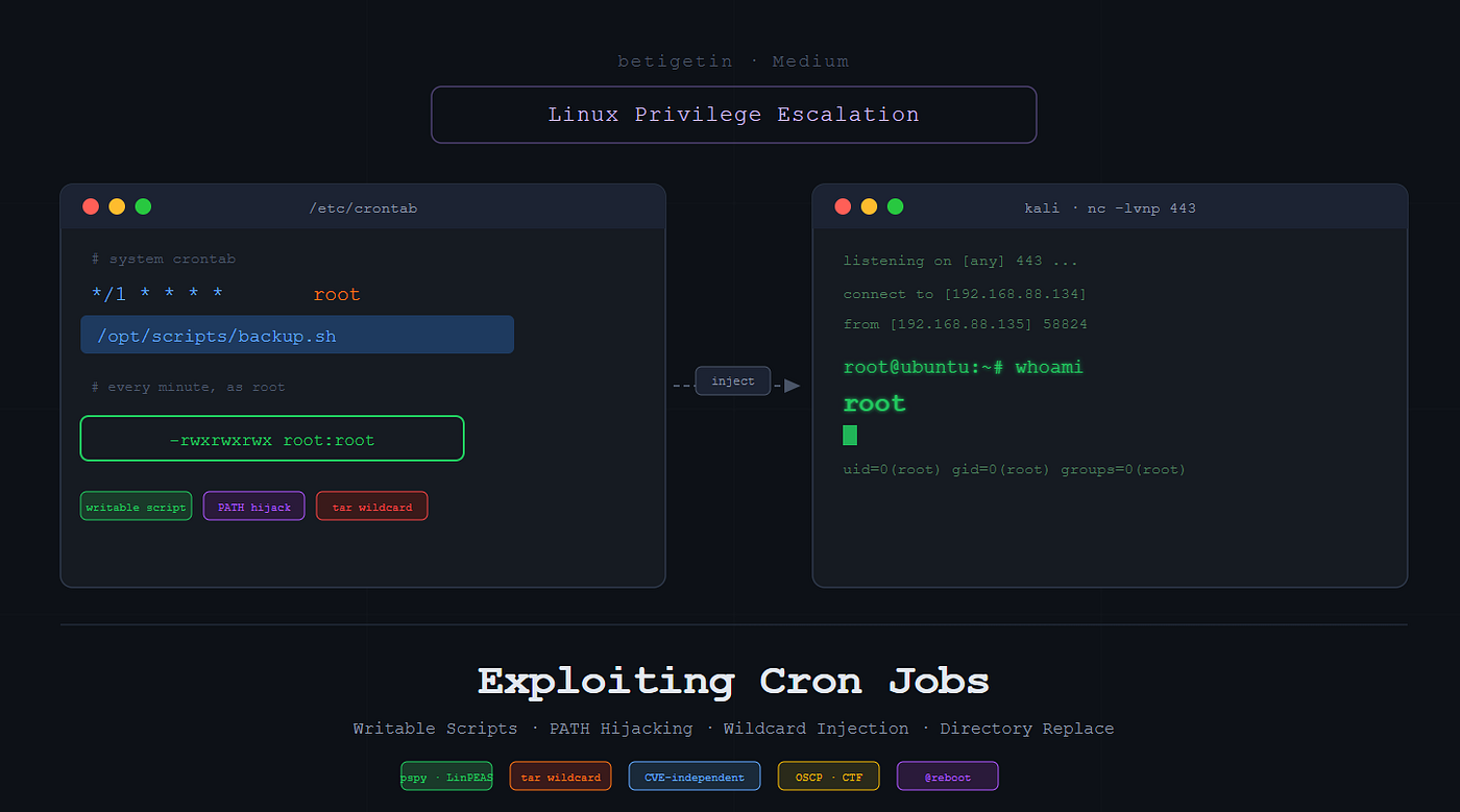 Linux Privilege Escalation by Exploiting Cron Jobs: Writable Scripts, PATH Hijacking, Wildcard…