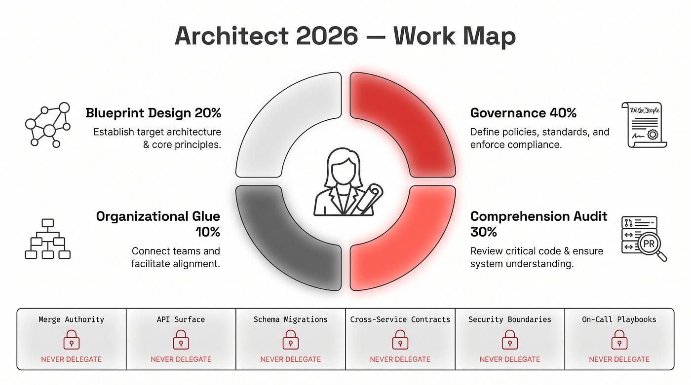 The 2026 architect’s work — 70 percent is governance and comprehension audit. The six areas at the bottom bar never go to an agent.