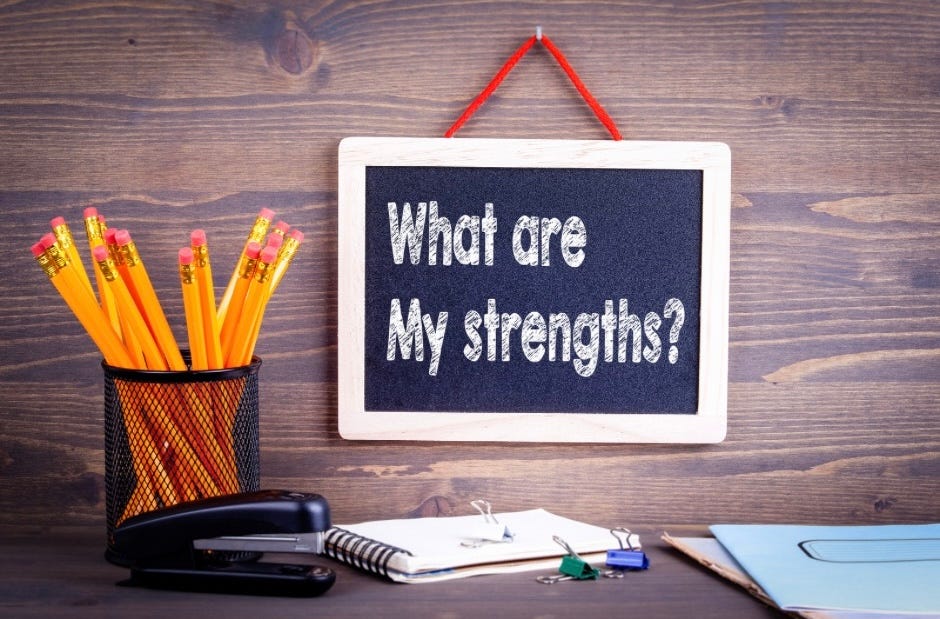 A desk with pencils, stapler and notepads. on the wall a small chalkboard says: WHAT ARE MY STRENGTHS?