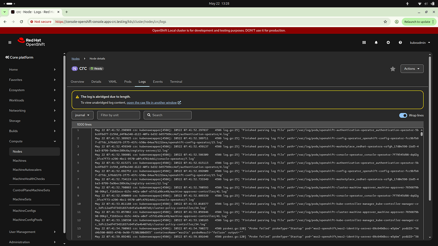 Figure 4: Inspecting system prober journal logs to track container health check statistics.