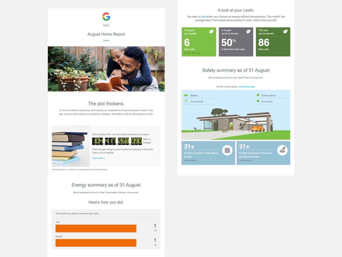 A screenshot of Nest’s Home Report email which has a graph showing energy usage compared to the previous month, and tiles with more usage metrics.