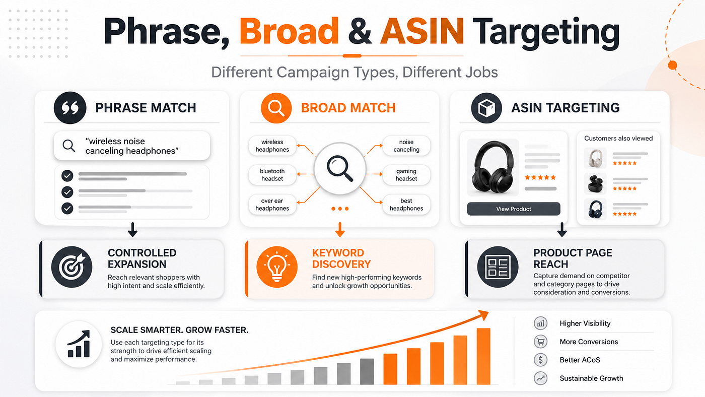 Amazon PPC Scaling: Give Phrase, Broad, and ASIN Targeting Different Jobs