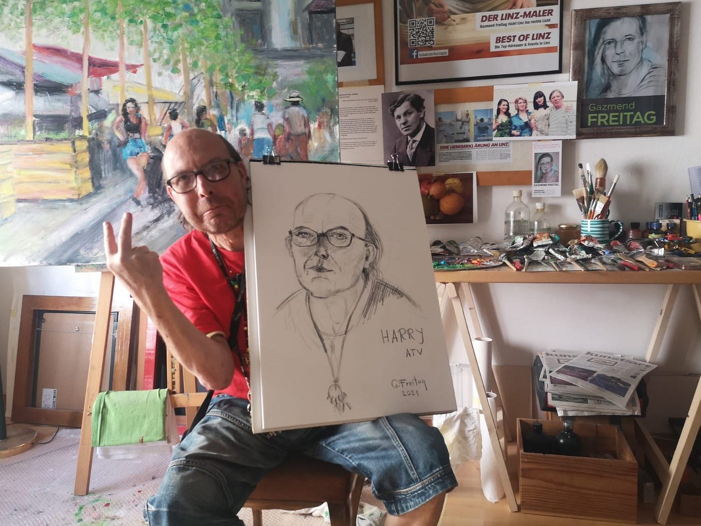 Harald „Harry“ Mayr, im Atelier in Linz, 7.06.2021