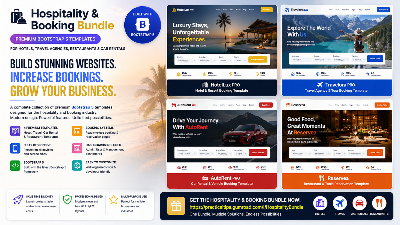 Hospitality & Booking Bundle — The Ultimate Bootstrap 5 Template Collection for Hotels, Travel…