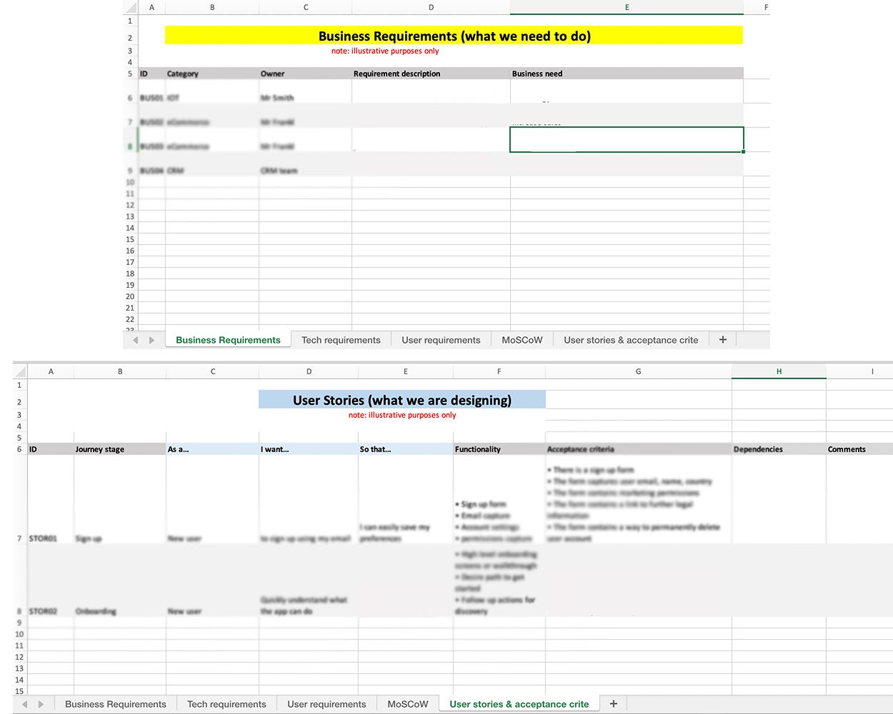 excel requirements template