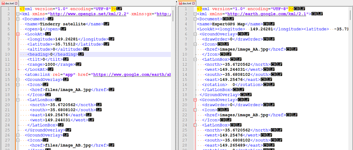 XML generated by Google Earth’s on the left, ExpertGPS on the right