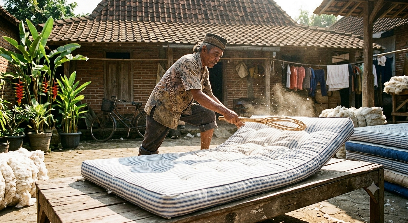 Built to be repaired, not replaced. The circular economy of a local Indonesian mattress artisan fluffing and restoring decades-old fiber.
