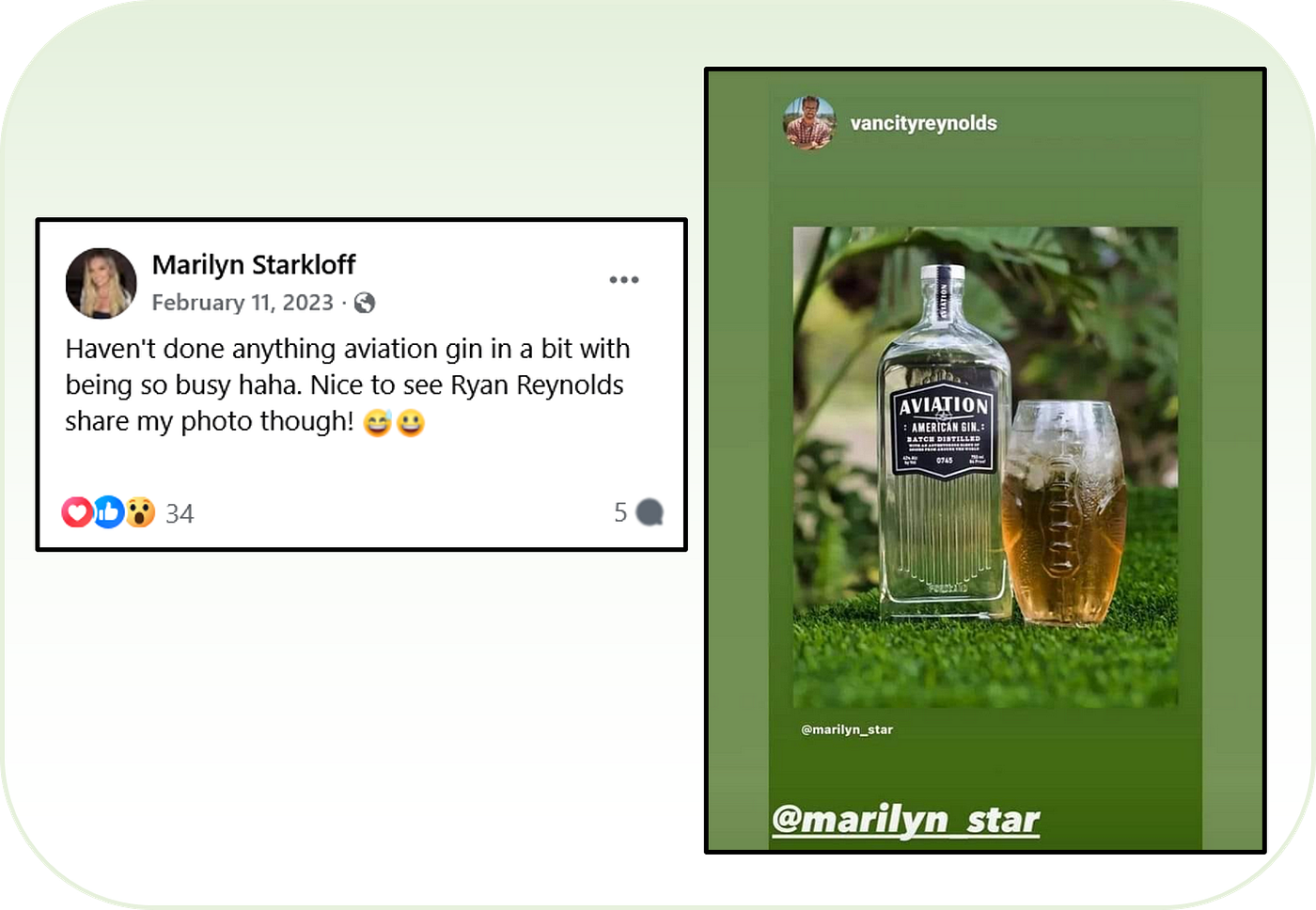 Reynolds returns to share Starkloff’s Aviation Gin photo on his Instagram