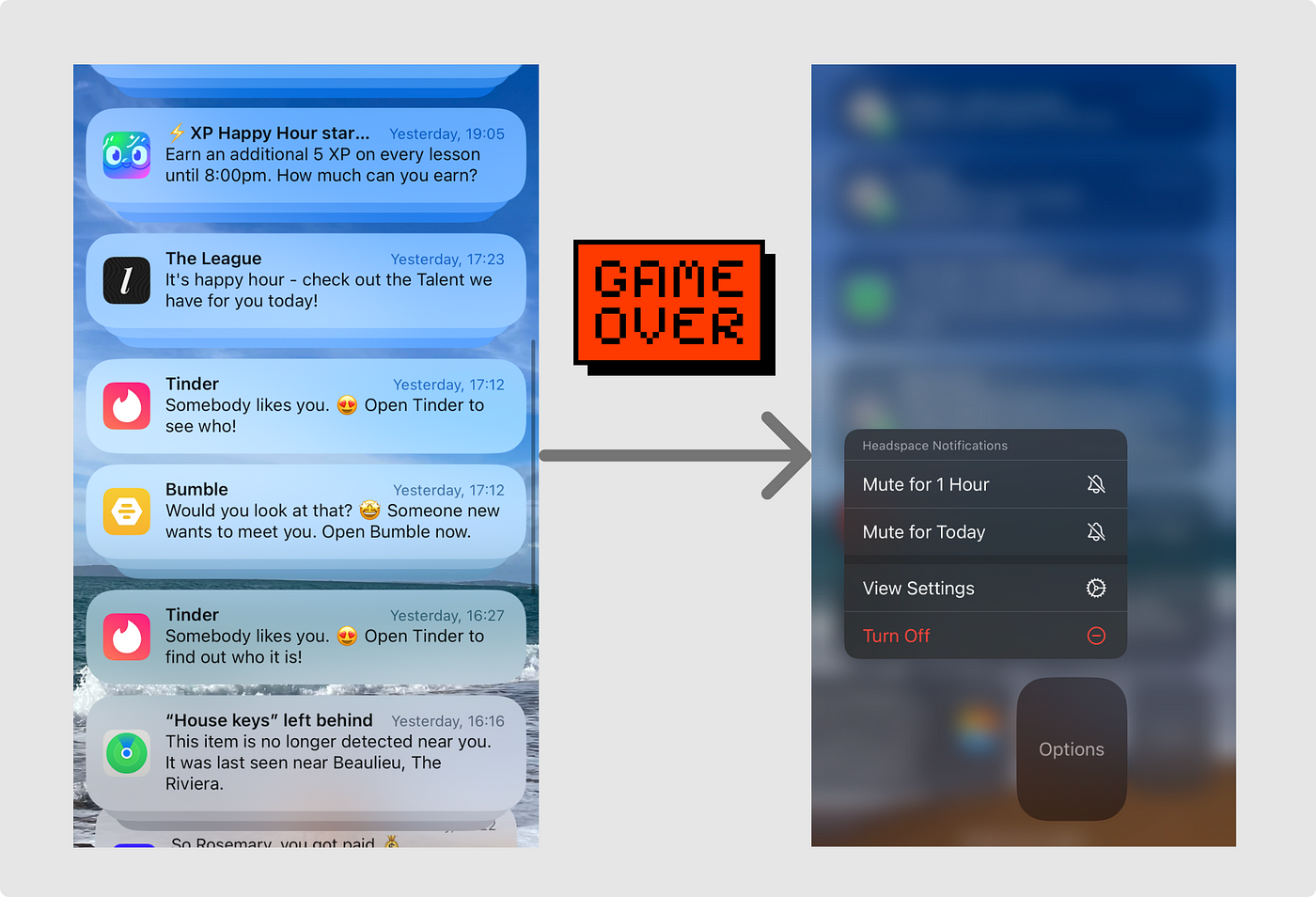 iOS モバイルの通知センターと通知をオフにするのがいかに簡単かを示す画像