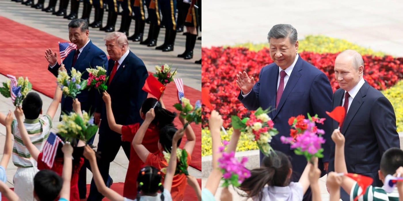 Seremoni penyambutan kedatangan pemimpin negara AS (13/05) dan Rusia (19/05) (Sumber 1: Reuters, Sumber 2: AP)