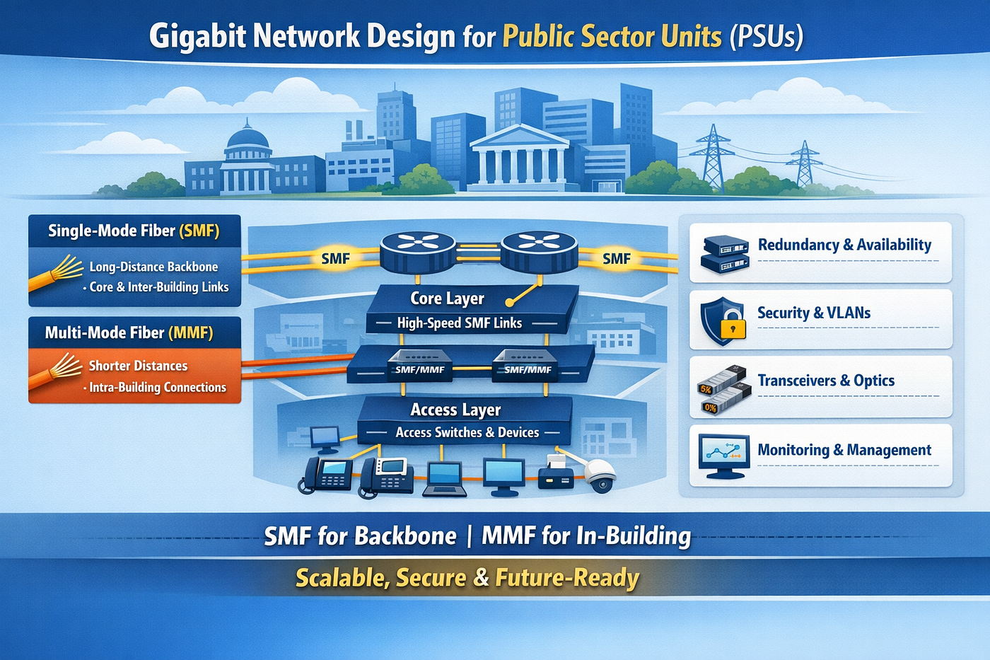 Networking Elements in a Gigabit Network Setup for a PSU Using SMF and MMF