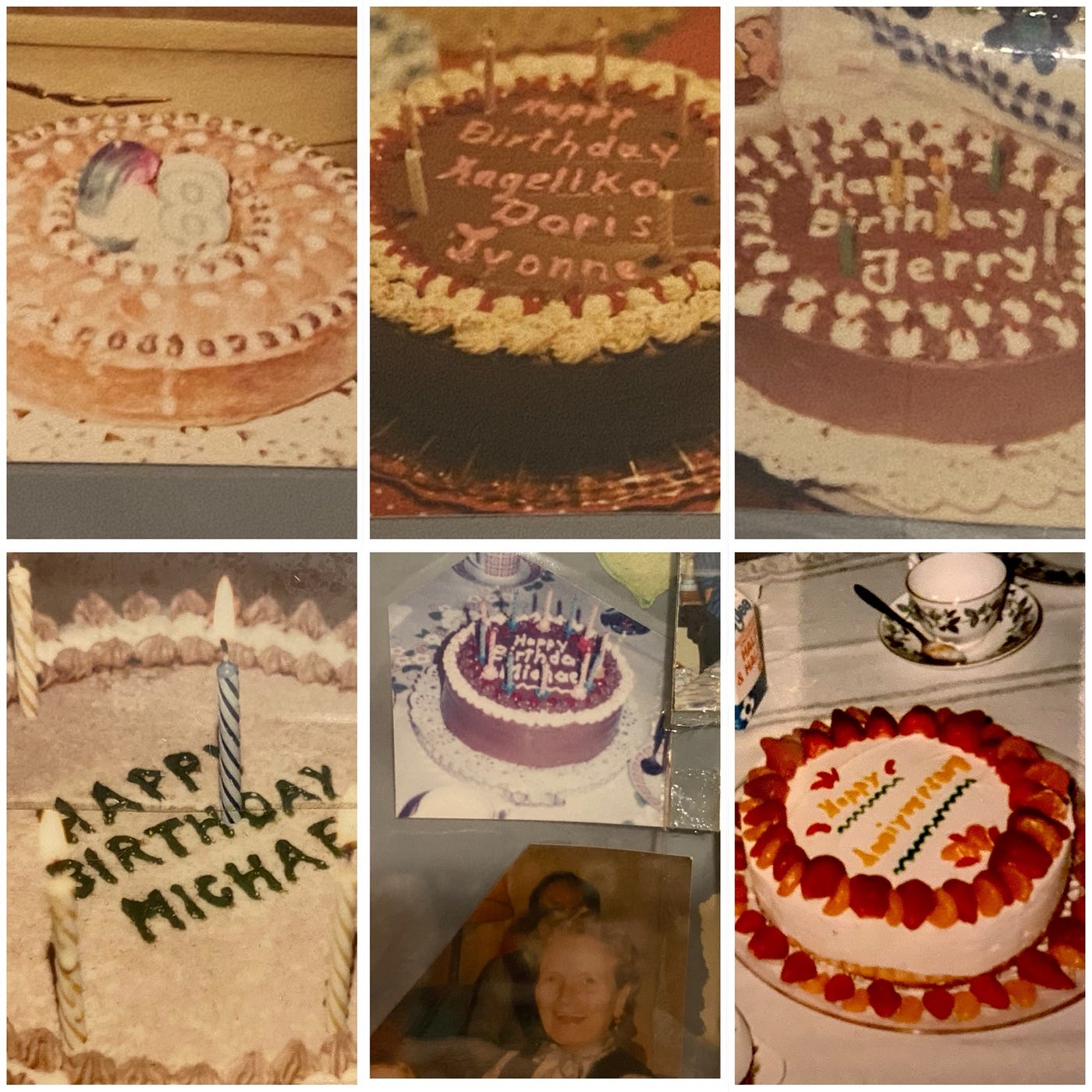 Author’s collage of a few varieties of “Butterkreme Torten” my mom created. That’s my mom too, bottom middle.