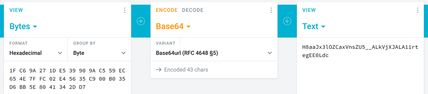 Screenshot of the utility for converting hex bytes to base64url