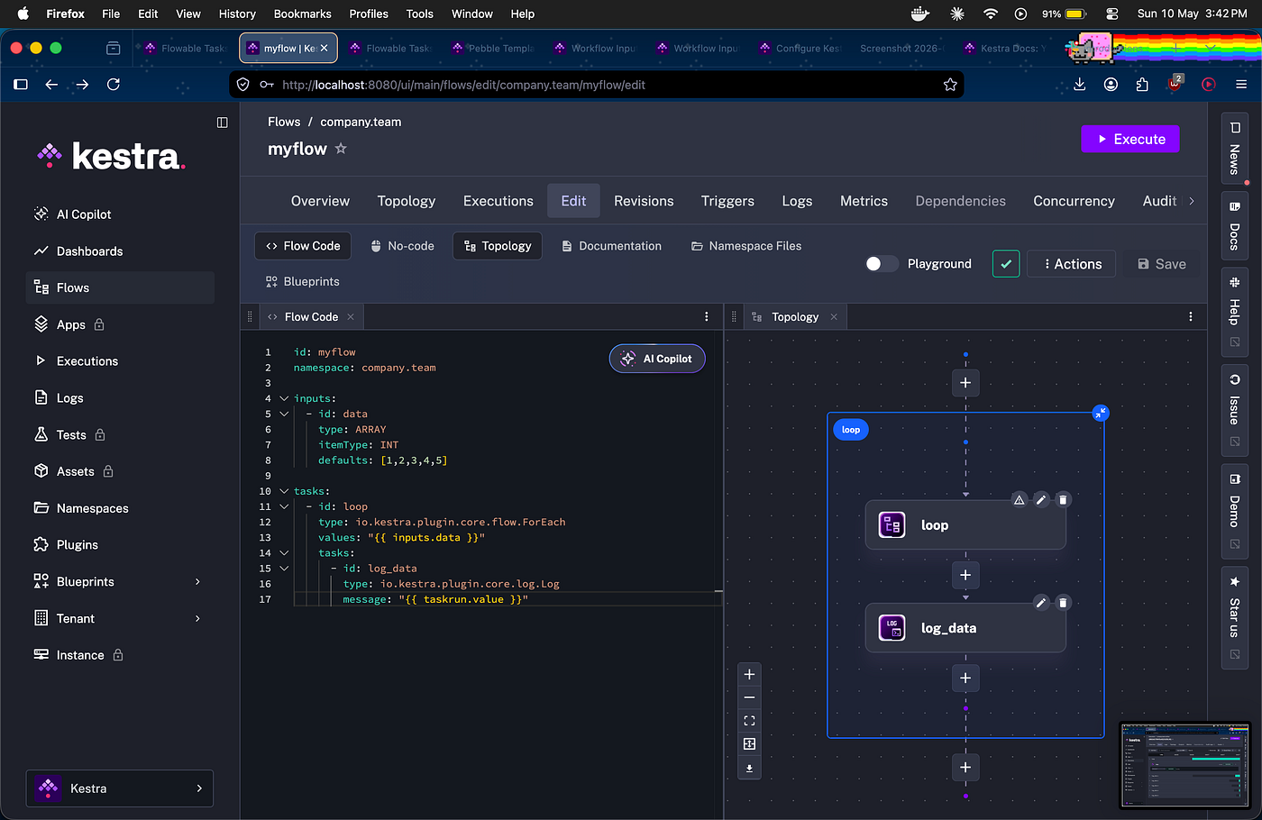 Topology view showing loop → log_data structure