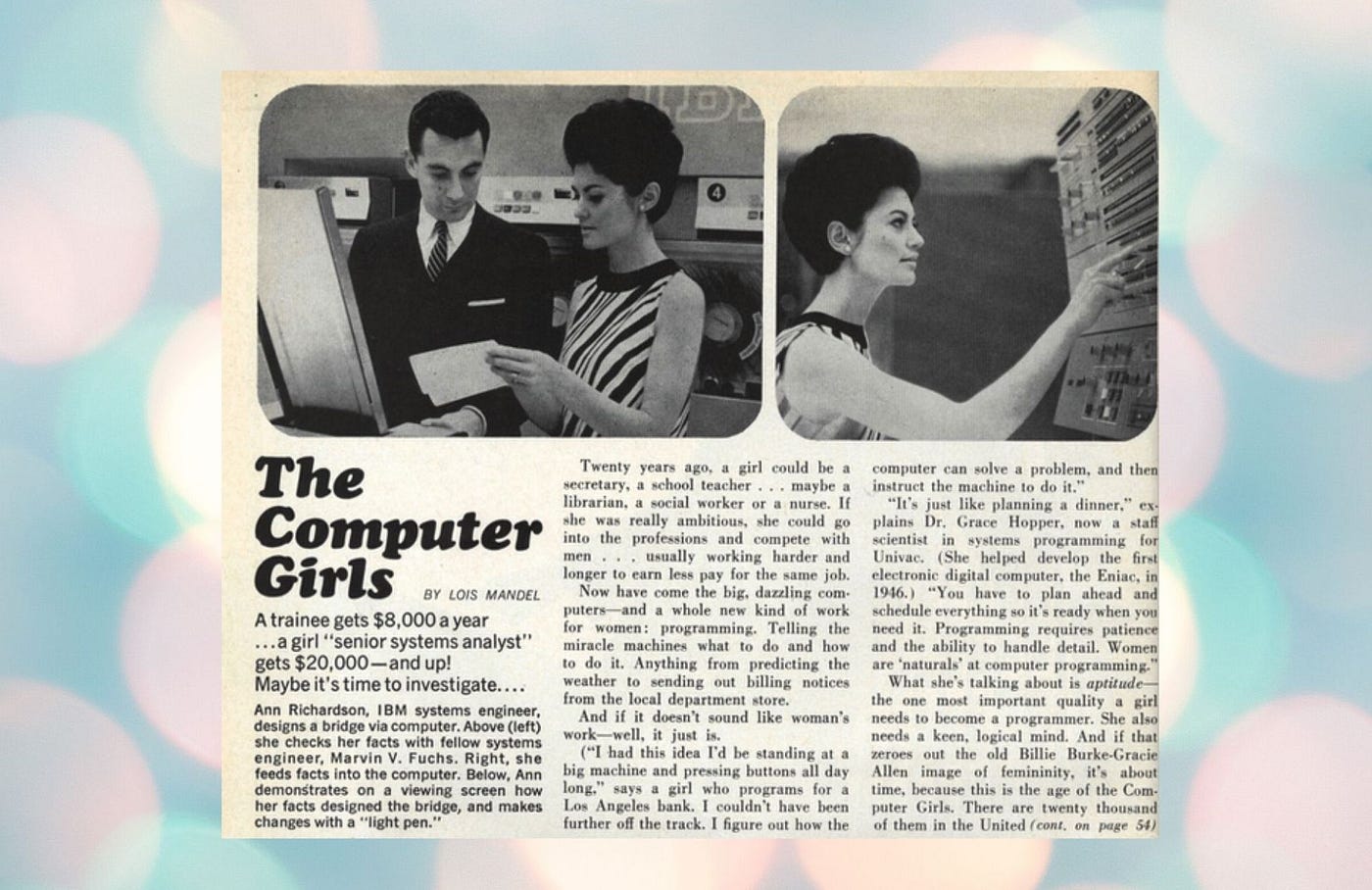 Clipping of an old newspaper article called “The Computer Girls,” over a background of bokeh circles.