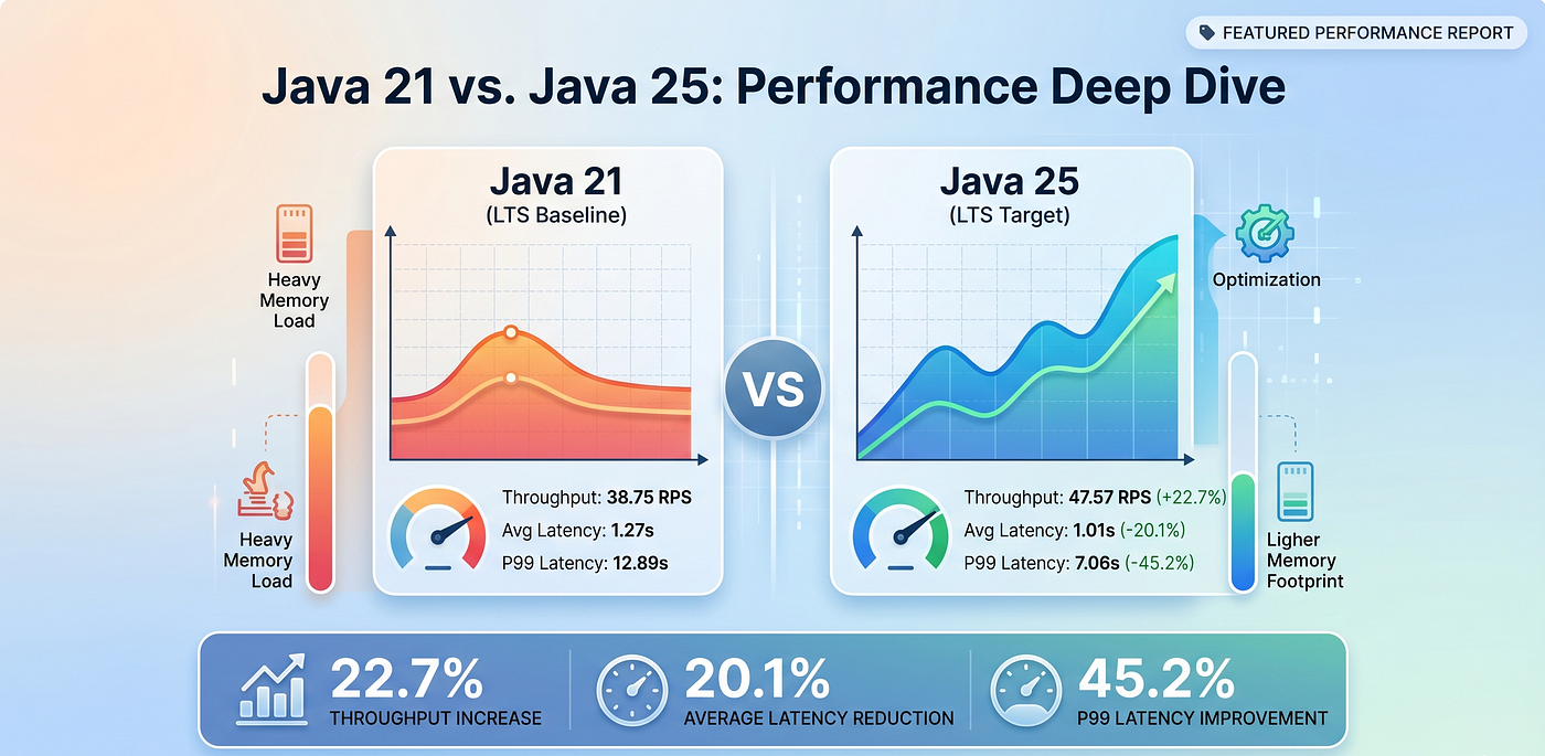 Java 21 to 25: 22.7% increase in throughput (RPS) and a 20.1% reduction in average latency.