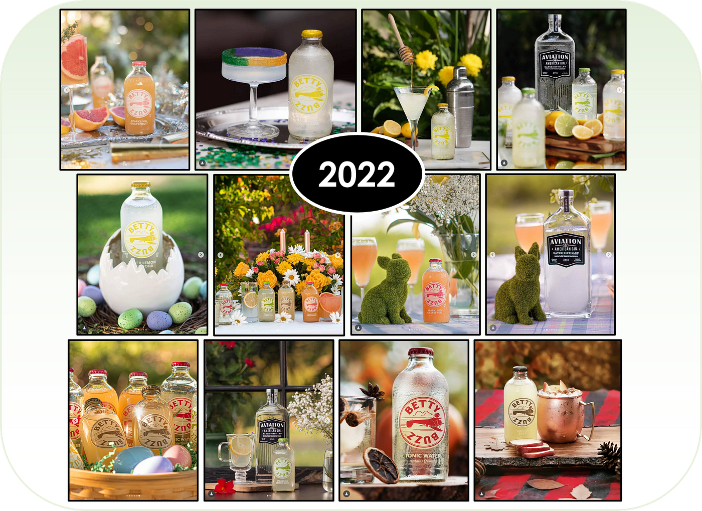 A compilation of Starkloff’s paid photography work during 2022 to promote Betty Buzz, with Aviation Gin bottles being featured as well
