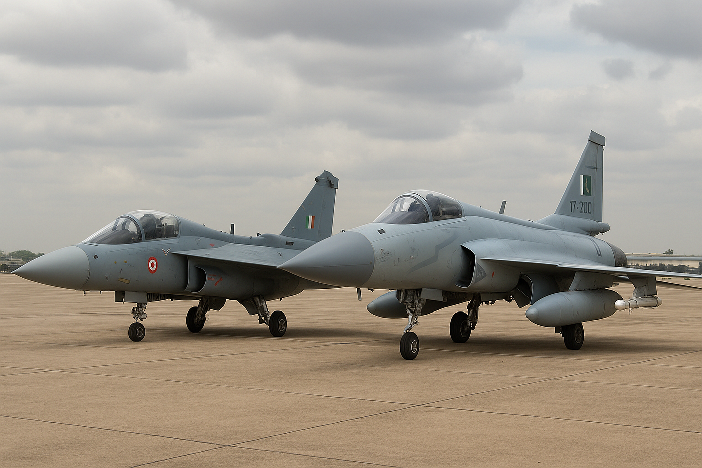 HAL Tejas (left) and PAC JF-17 Thunder (right) photographed together on the tarmac, showcasing two competing light fighter platforms from South Asia
