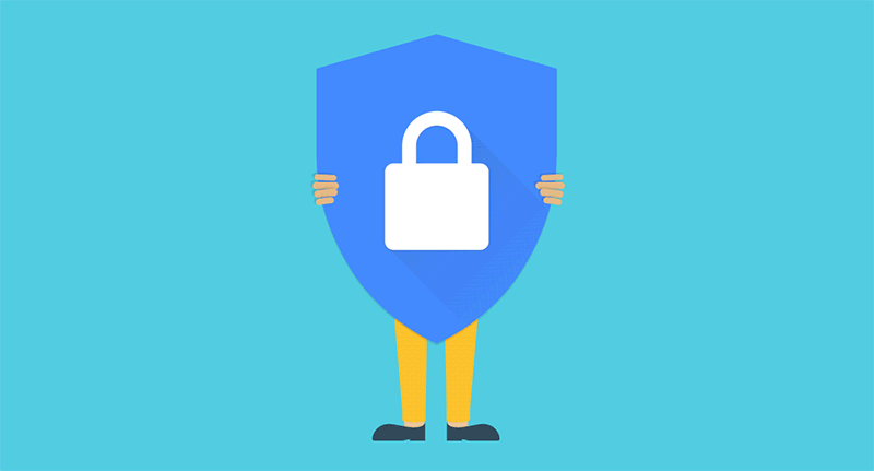 Animated visual of a person holding a shield with a lock, symbolizing reliance on security tools alone—one of the common cybersecurity mistakes SMBs make when protections are not actively monitored or managed.