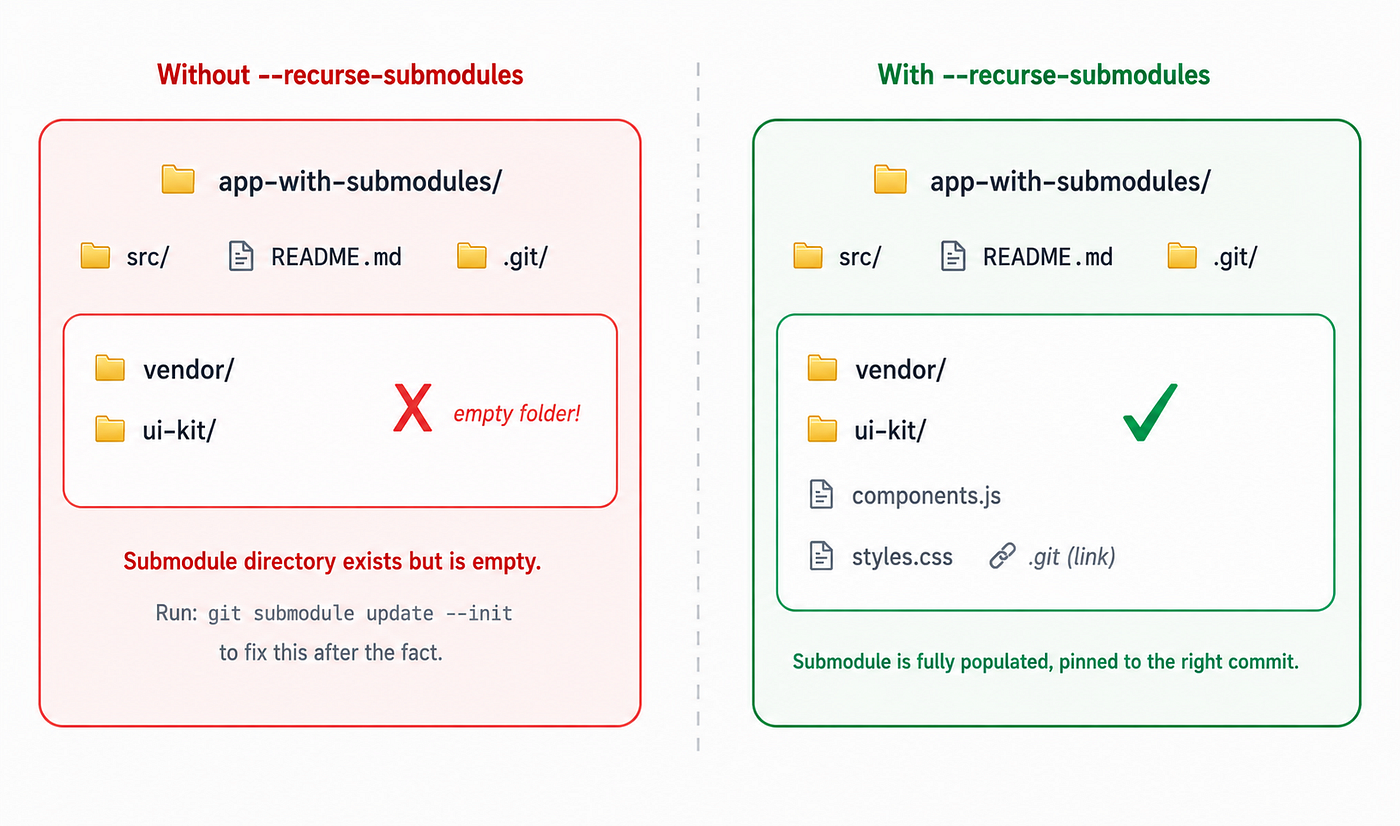 Figure 6: Without — recurse-submodules, submodule directories are created but left empty. With the flag, Git automatically clones each submodule into its directory.