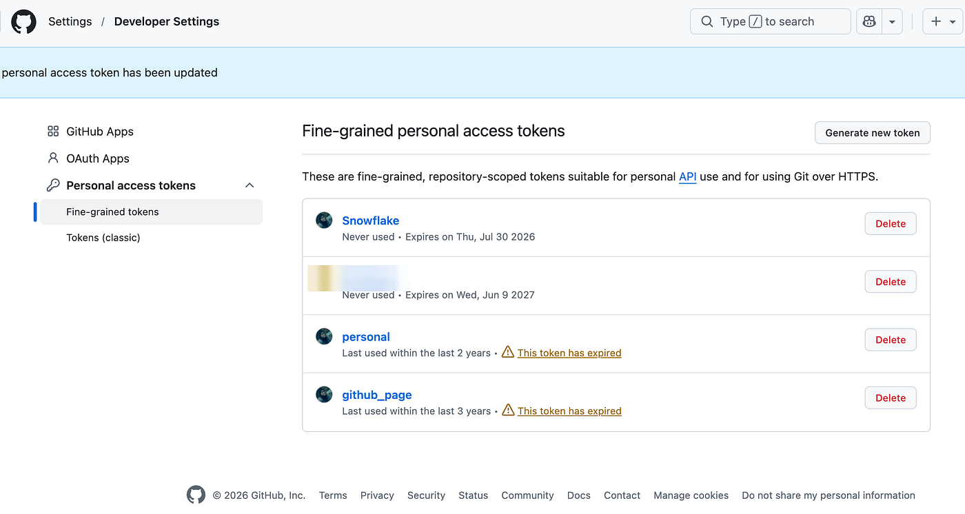 GitHub fine-grained token list